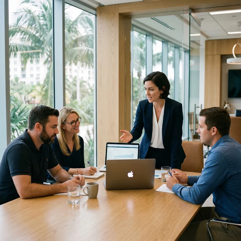 Consultant leading a strategy meeting with three clients in a South Florida office