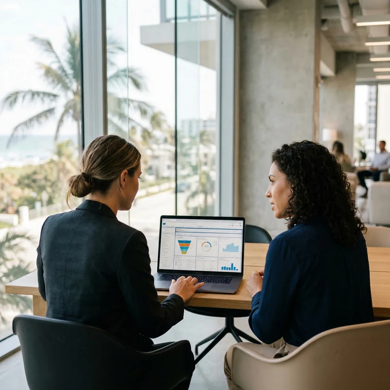 Two women reviewing a Salesforce dashboard on a laptop by an oceanfront window